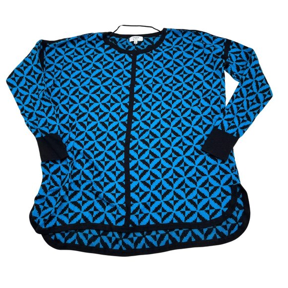 Crown & Ivy Women's Geometric Blue Black Sweater Size S Cotton Blend Lightweight - Picture 1 of 7